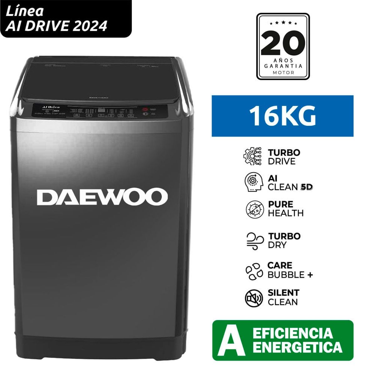 DAEWOO - Lavadora Daewoo Carga Superior 16Kg DPAI-1624 AI Drive Lavado Inteligente - Silver
