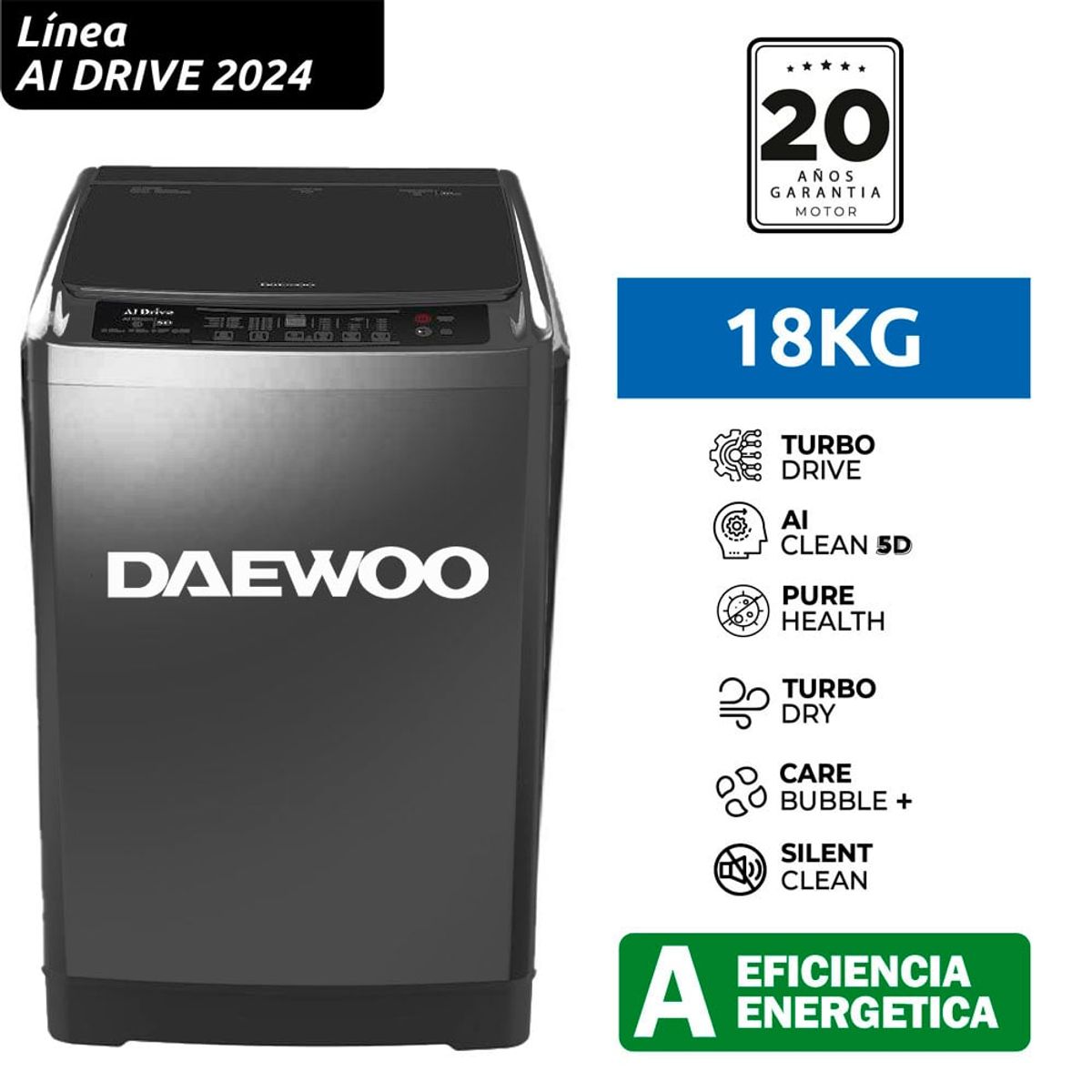 DAEWOO - Lavadora Daewoo Carga Superior 18Kg DPAI-1824 AI Drive Lavado Inteligente - Silver