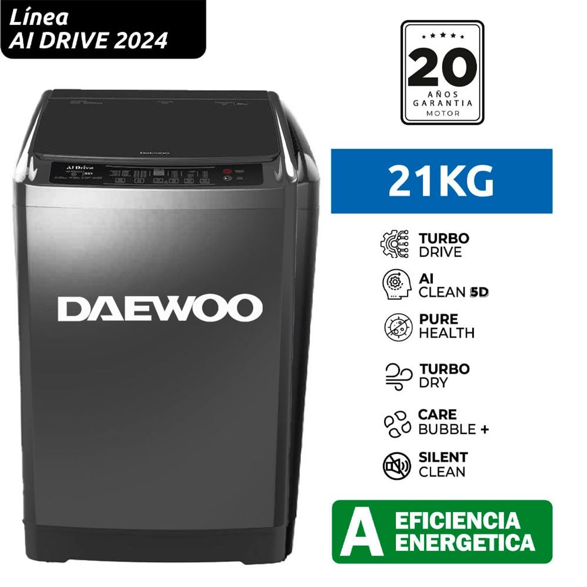 DAEWOO - Lavadora Daewoo Carga Superior 21Kg DPAI-2124 AI Drive Lavado Inteligente - Silver