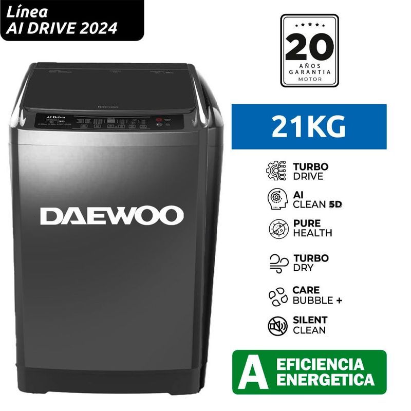 DAEWOO - Lavadora Daewoo Carga Superior 21Kg DPAI-2124 AI Drive Lavado Inteligente - Silver
