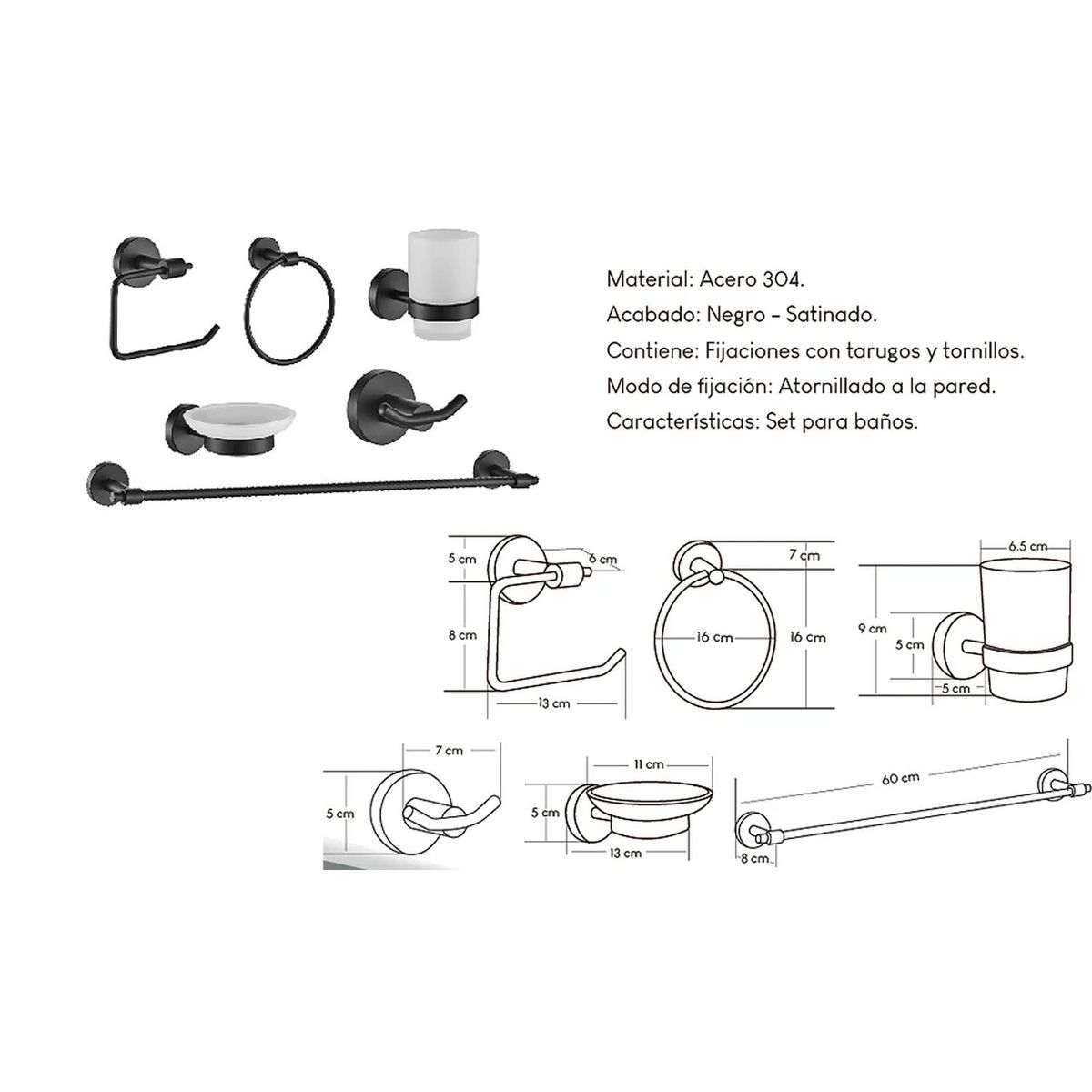 GENERICO - Kits de Baño 6 Piezas Acero Negro satinado