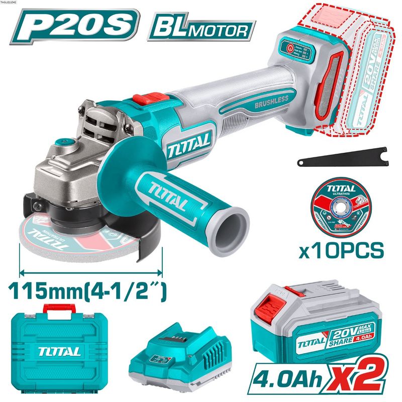 TOTAL TOOLS - Amoladora 20v 4½ Cargador Y 2 Baterías De 4ah 1000w - TAGLI271532