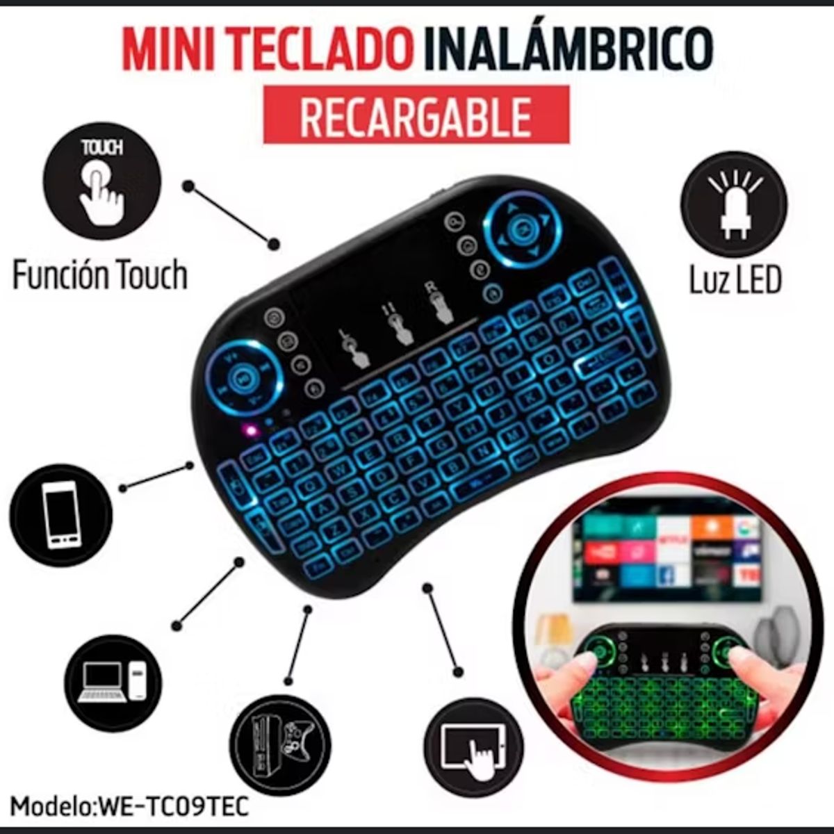 GENERICO - Mini Teclado Inalambrico Iluminado Para Smart Tv PC Android Tv XBOX