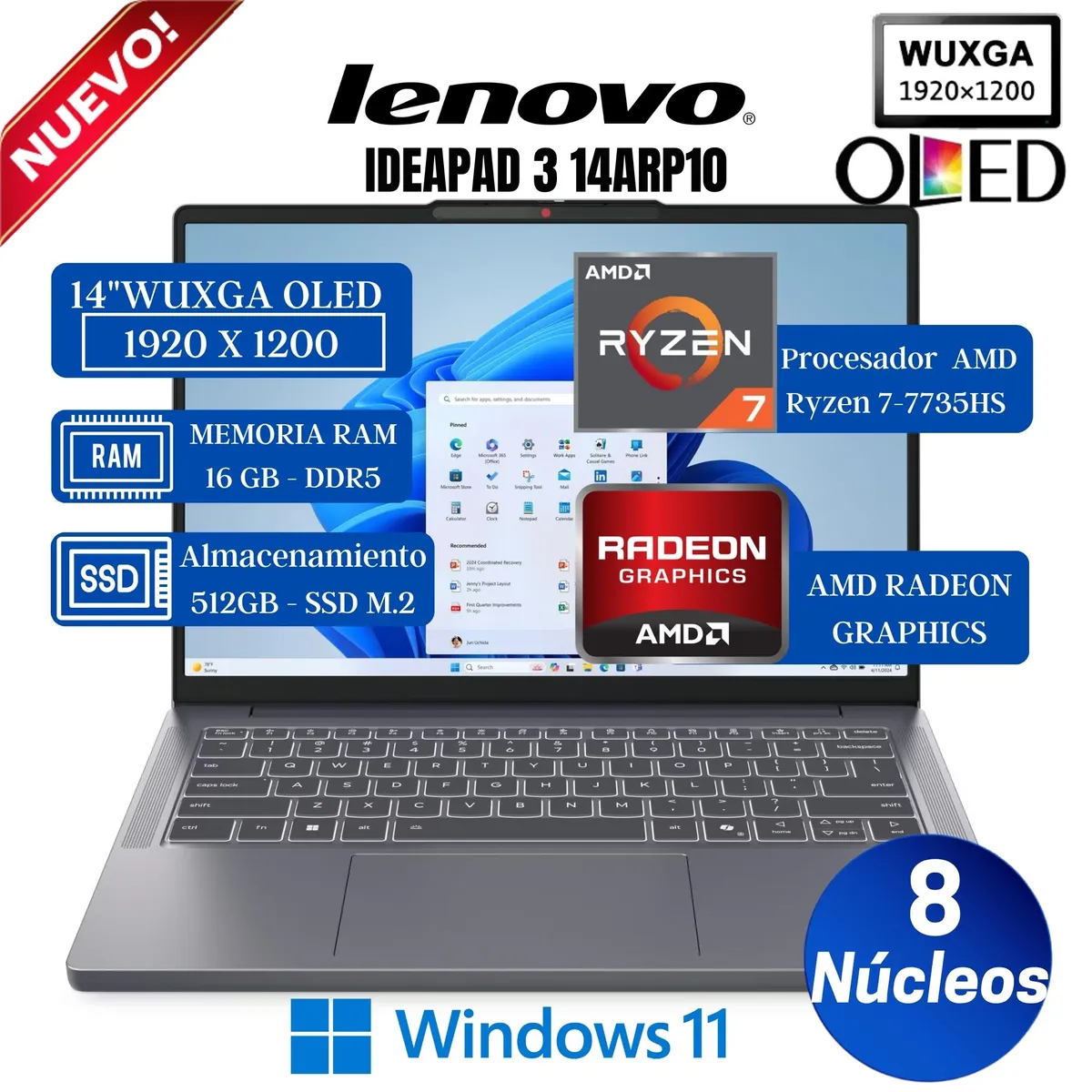 LENOVO - Laptop Lenovo Ideapad Slim 3 14ARP10 14" WUXGA OLED, Ryzen 7-7735HS, Ram 16 GB, Ssd 512 GB, Win 11