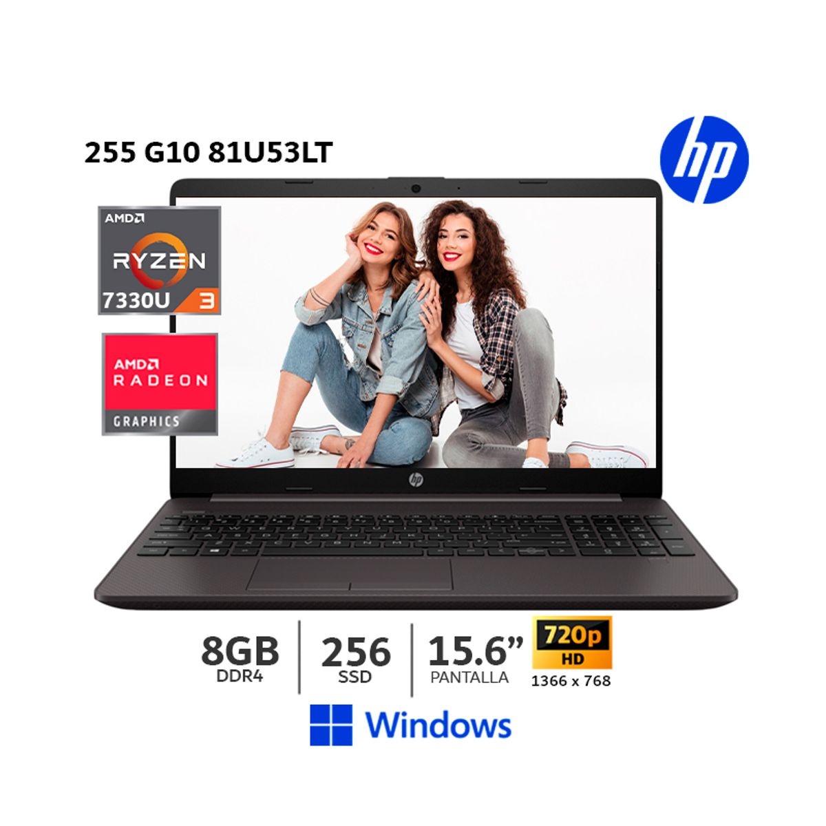 HP - Laptop HP 255 G10 Ryzen 3-7330U 8Gb Ram 256Gb SSD 156 Pantalla HD Windows  81U53LT