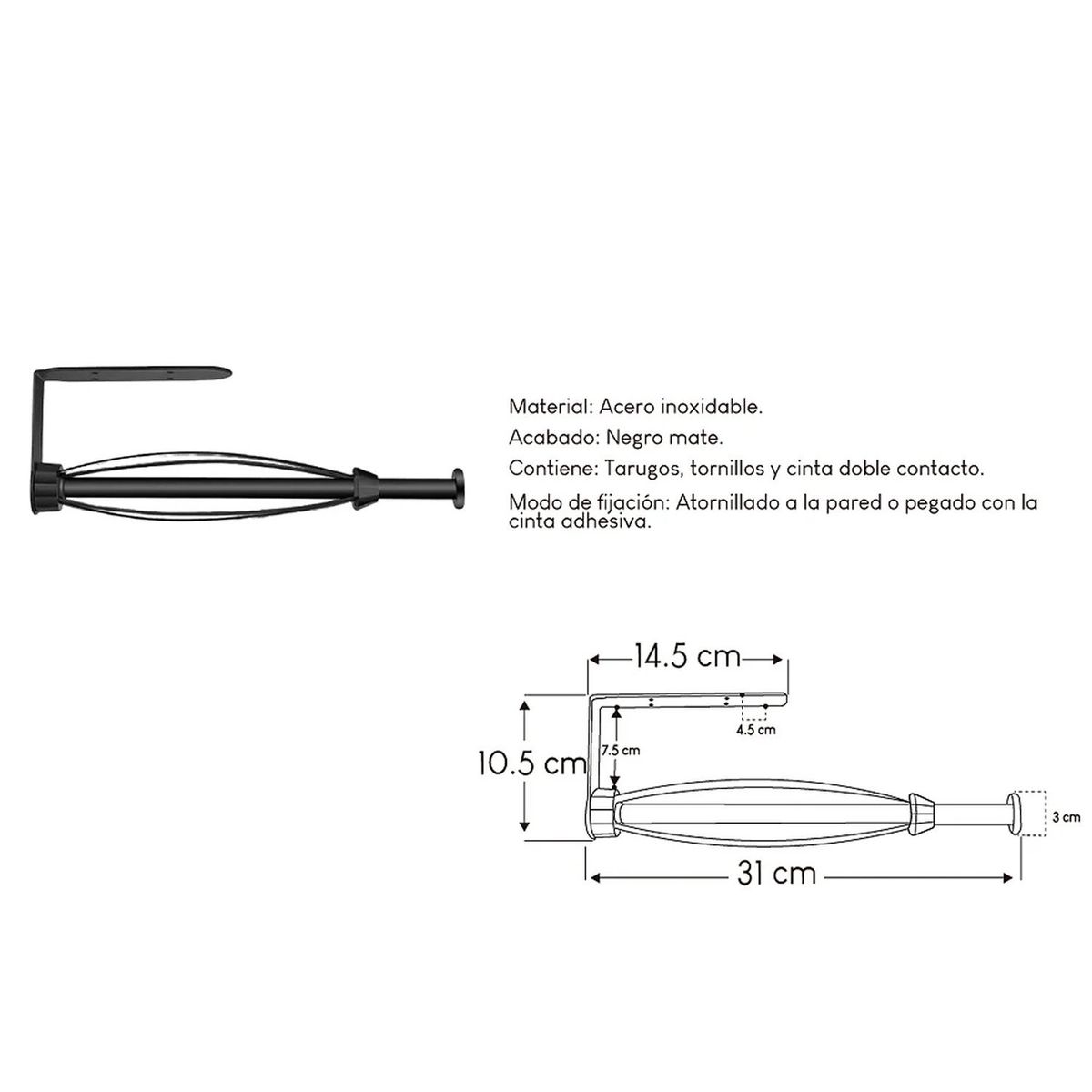 XM - Porta Rollo de Cocina Acero Inoxidable Negro mate