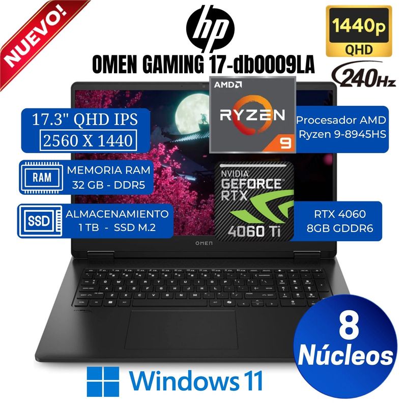 HP - Laptop Hp Omen 17-db0009la 17.3” QHD IPS, Ryzen 9-8945HS, Ram 32GB, Ssd 1 TB, RTX 4060, Win 11