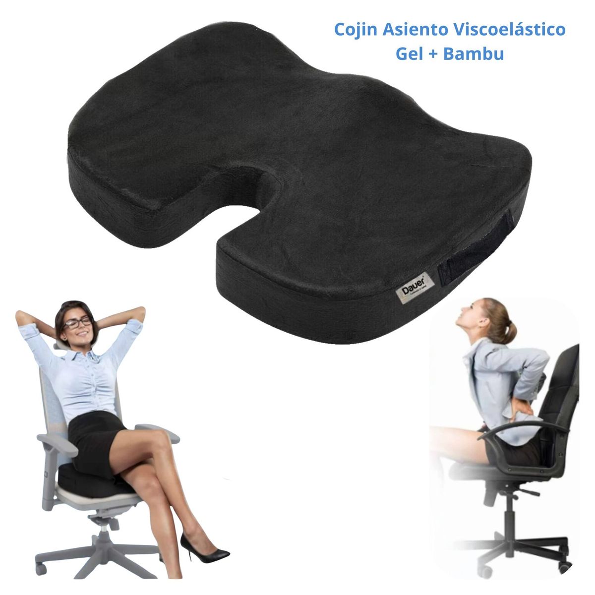 DAUER - Cojín de Asiento Ortopédico Viscoelástico  Carbón de Bambú con Gel