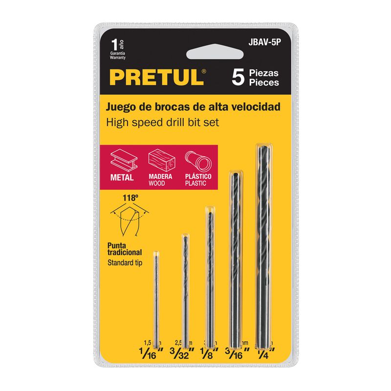 PRETUL - Broca 5 Unidades Juego para Fierro Metal HSS 20703 Pretul