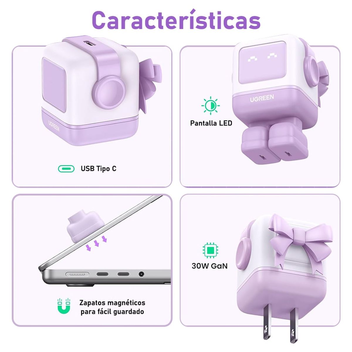 UGREEN - Cargador Robot UGREEN 30W Nexode RGGaN USB-C Carga Rápida Purpura