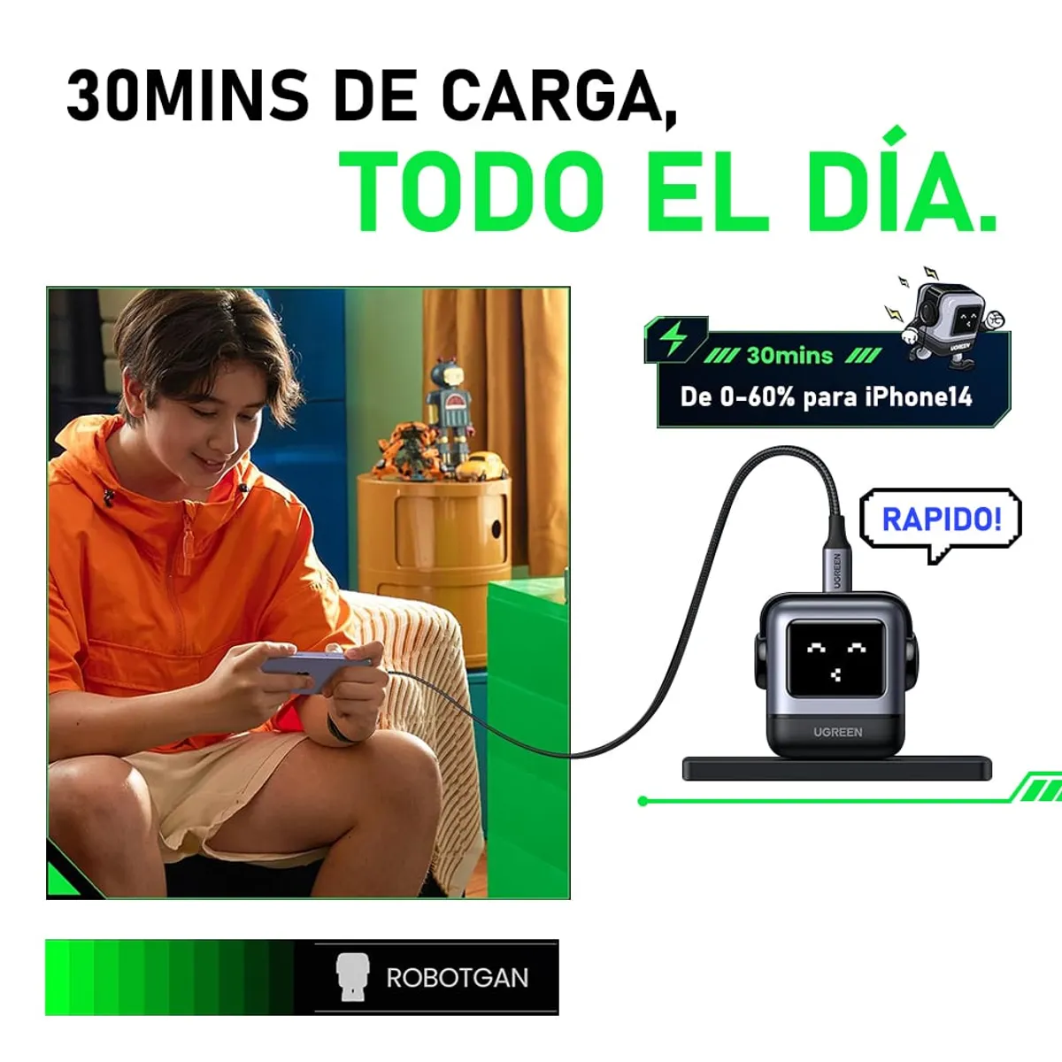 UGREEN - Cargador Robot UGREEN 30W Nexode RG GaN USB-C Carga Rápida Negro