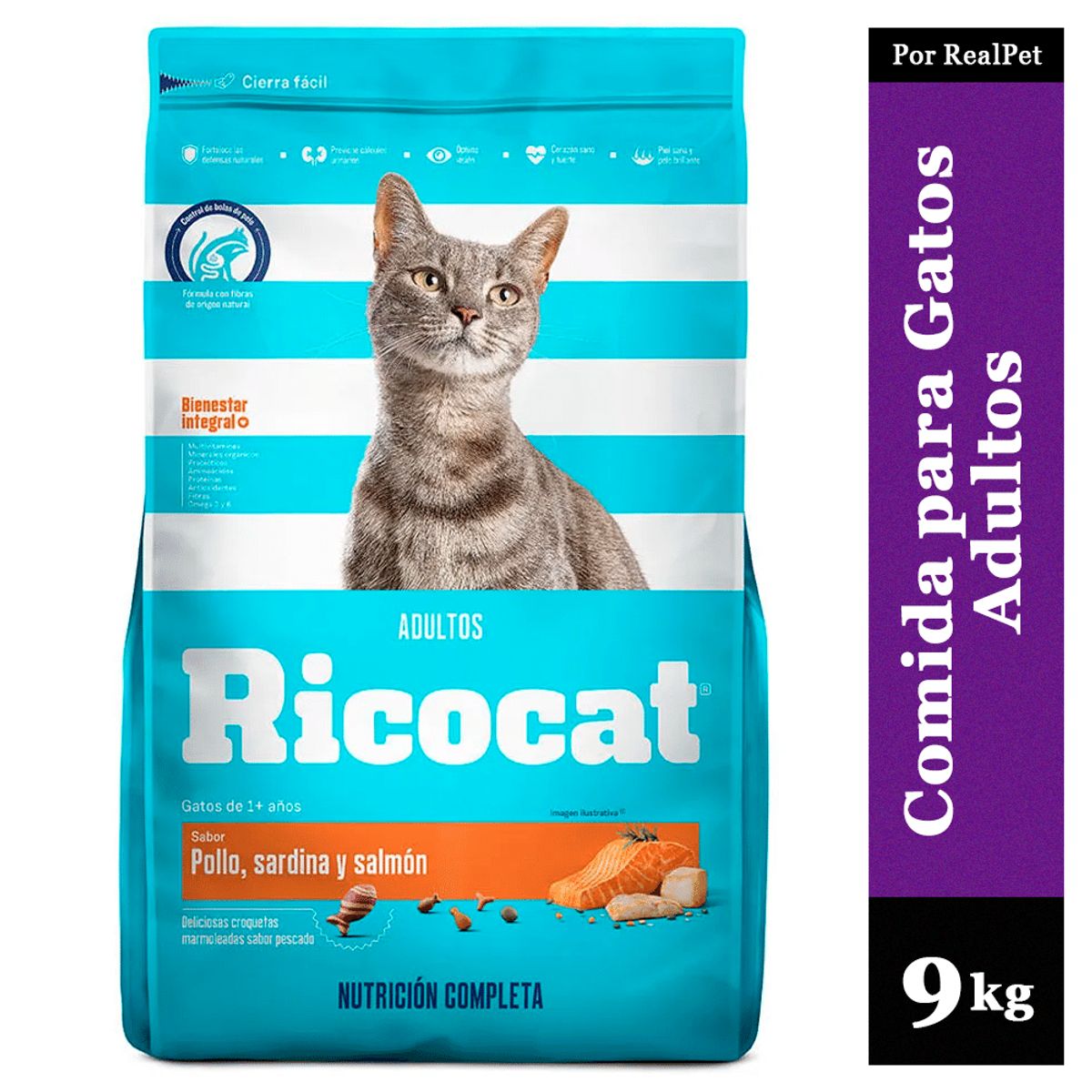 RICOCAT - Comida para Gato Adulto Ricocat Pollo Sardina y Salmón 9 kg