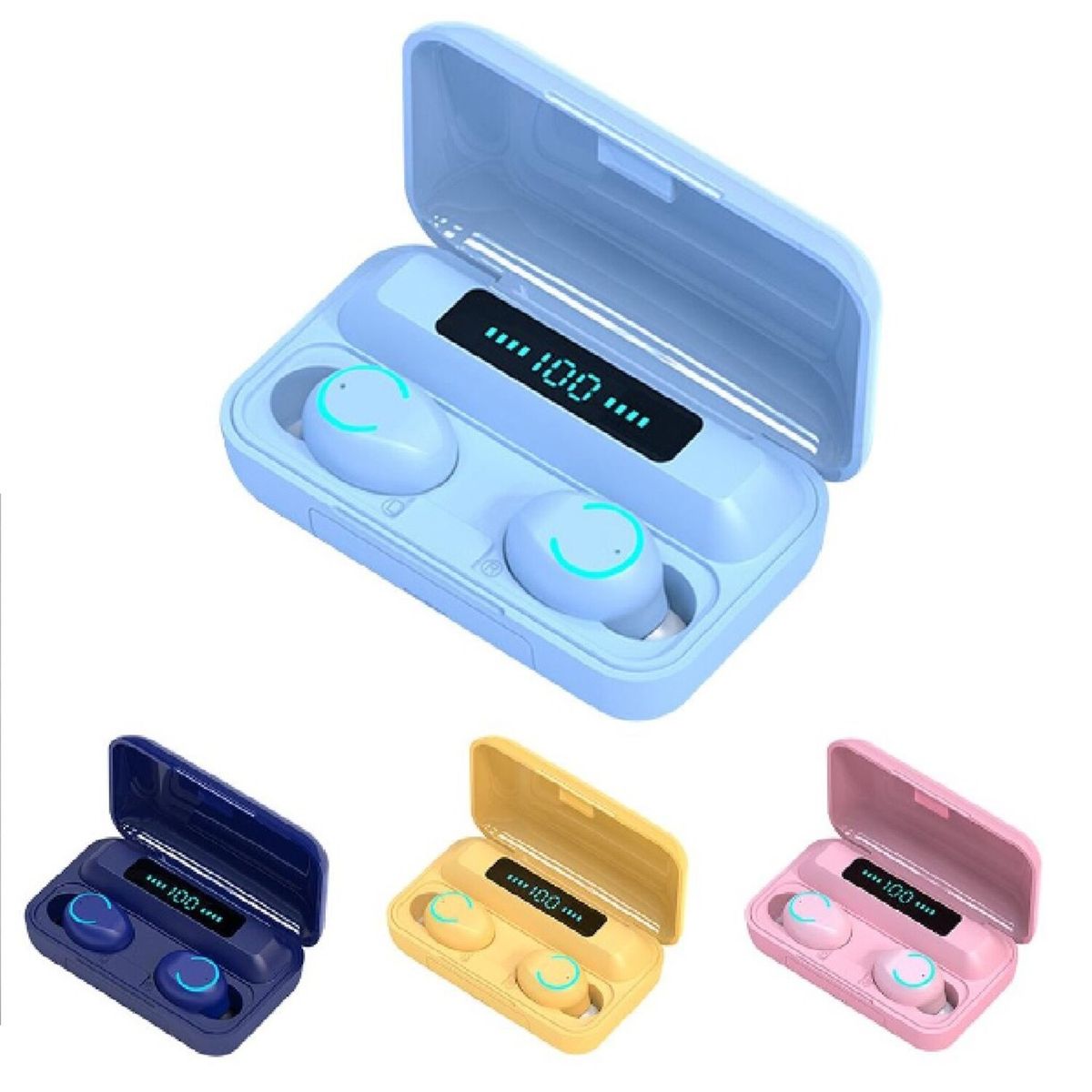 CLN TECH - Audífonos inalámbricos Pantalla LED Bluetooth F9 con powerbank-CELESTE