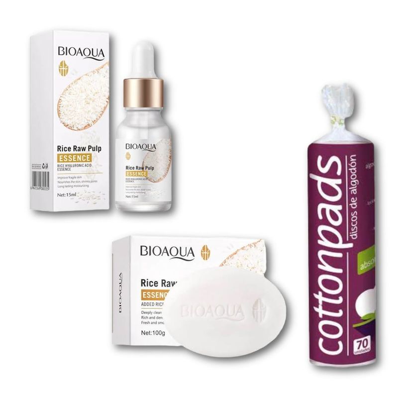 BIOAQUA - Serum de Arroz + Jabón de Arroz + Discos de Algodón Desmaquillante 70 und