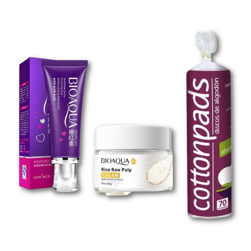 BIOAQUA - Crema Despigmentante + Exfoliante de Arroz+ Discos de algodón Desmaquillante 70 und
