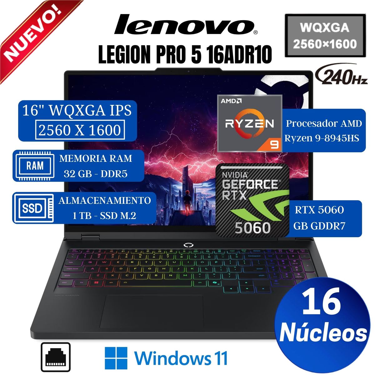 LENOVO - Laptop Legion Pro 5 16ADR10 16” WQXGA, Ryzen 9-8945HX, Ram 32GB, SSD 1 TB, RTX 5060, Win 11 Pro