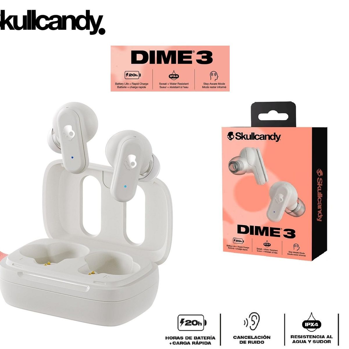 SKULLCANDY - Skullcandy Dime 3 Audífonos Bluetooth 5.3 TWS Bone - No jib true
