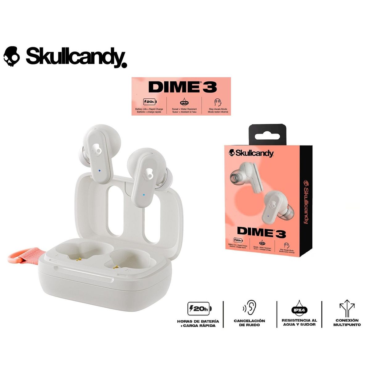 SKULLCANDY - Skullcandy Dime 3 Audífonos Bluetooth 5.3 TWS Bone - No jib true