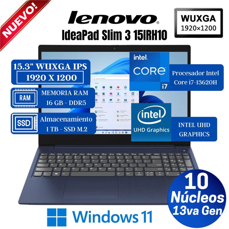 LENOVO - Laptop Lenovo IdeaPad Slim 3 15IRH10 15.3" WUXGA IPS, Core i7-13620H, Ram 16GB, Ssd 1 TB, Win 11 Pro