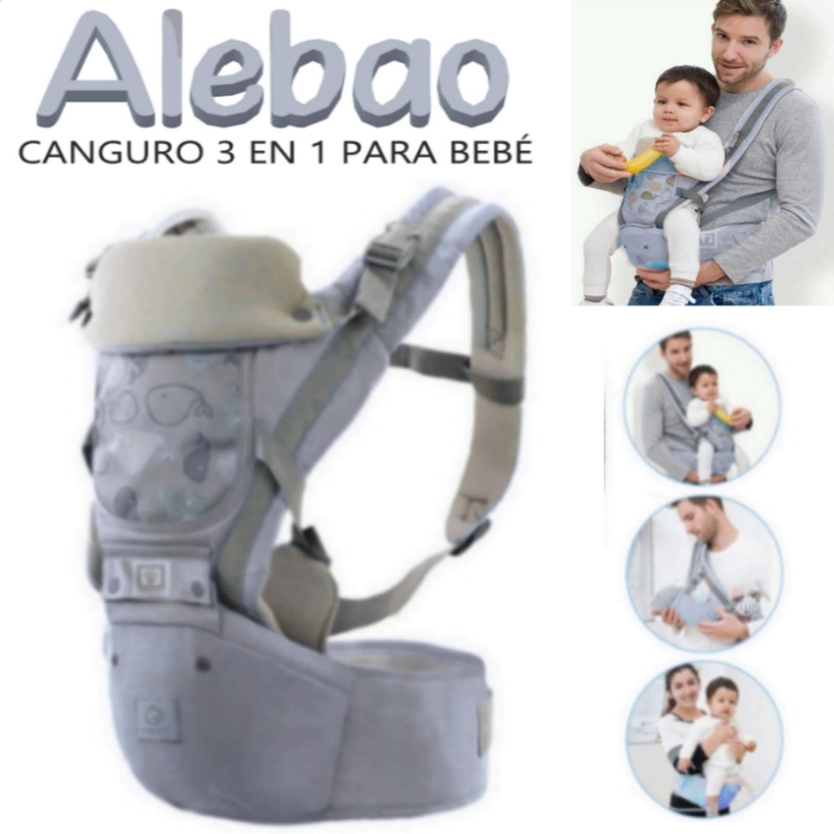 GENERICO - Canguro Para Bebé Ergonómico Ballena 3 en 1 PLOMO