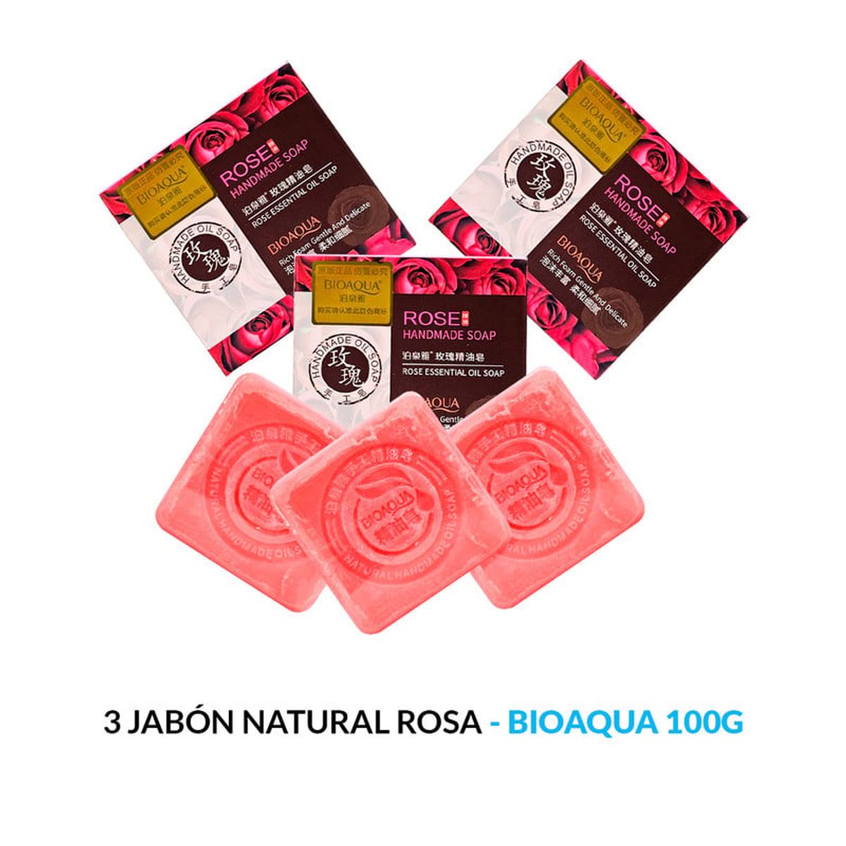 BIOAQUA - Jabón Natural De Rosas Desintoxicante Bioaqua 100Gr 3 Unidades