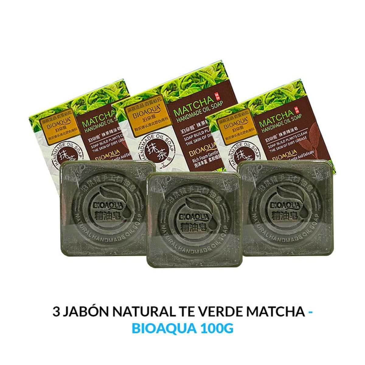 BIOAQUA - Jabón Natural Te Verde Matcha Desintoxicante Bioaqua 100Gr 3 Unidades