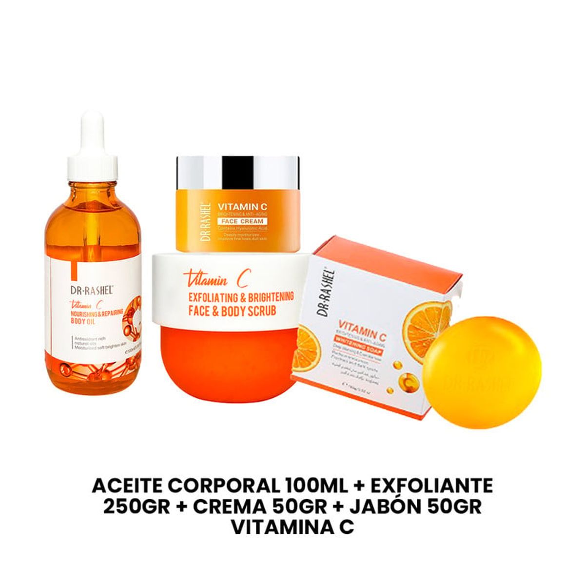 GENERICO - Aceite Corp 100ML + Exfoliante 250Gr + Crema 50Gr + Jabón 50Gr vitamC