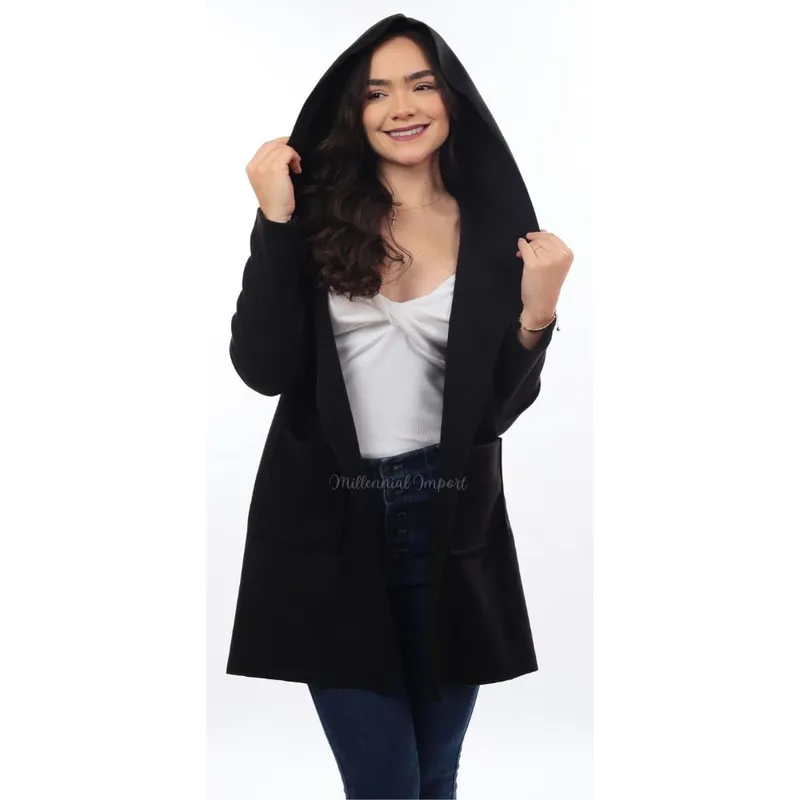 GENERICO - Saco Capa Abrigo Largo con Capucha Mujer en Paño Italiano