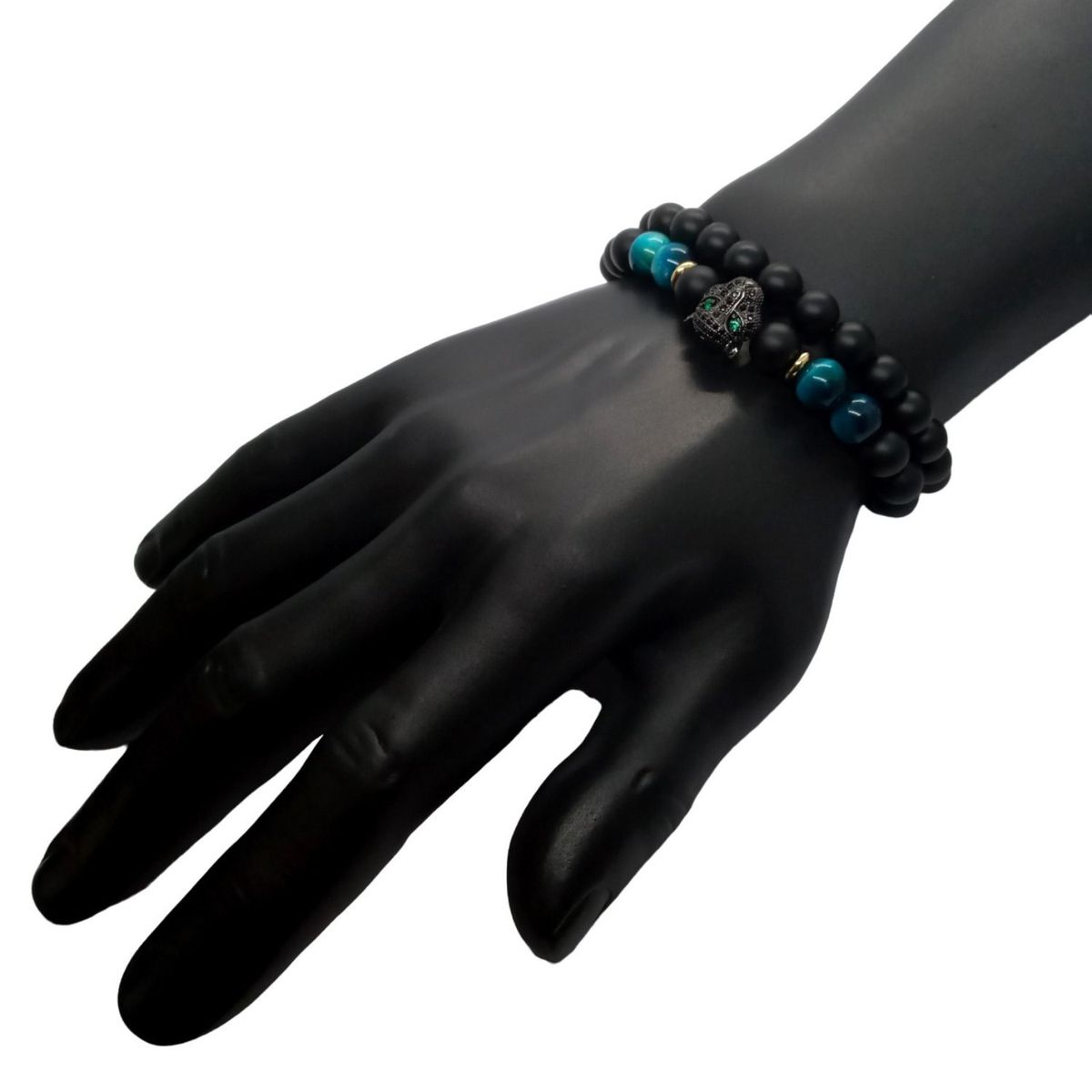 LUCYANA JOYAS Y ACCESORIOS - Juego Pulsera para Hombre Leopardo con Cuarzo Ónix y Ojo de Tigre Azul