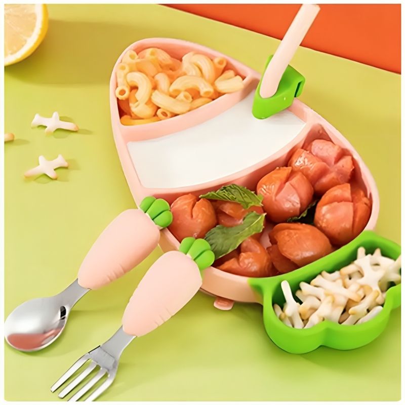 GENERICO - Plato de Silicona Tipo Zanahoria con 2 Cubiertos para Bebés Niños