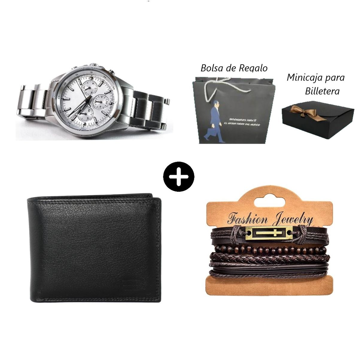 GENERICO - Pack Regalo Hombre Reloj + Billetera + Pulseras