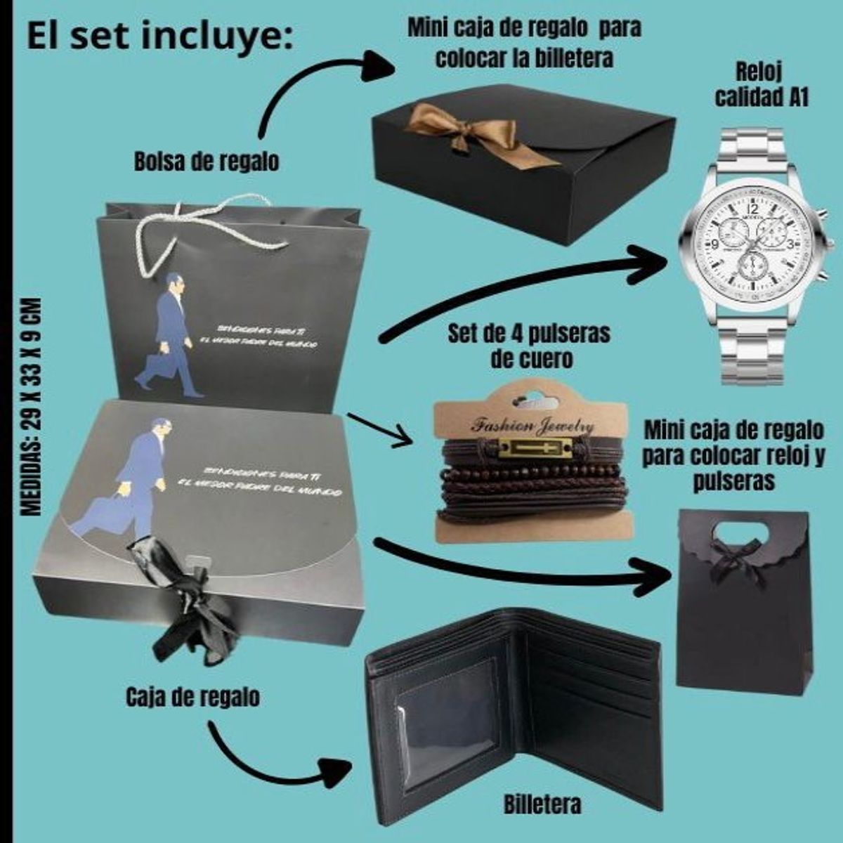 GENERICO - Pack Regalo Hombre Reloj + Billetera + Pulseras