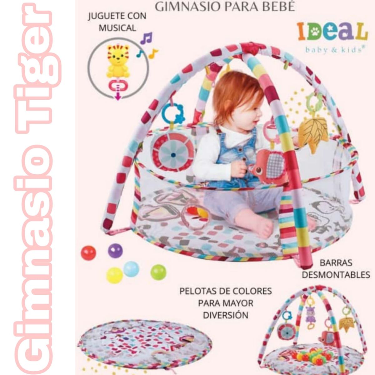 IDEAL - Gimnasio Musical Ideal para Bebé 3 en 1 Tiger ROSADO