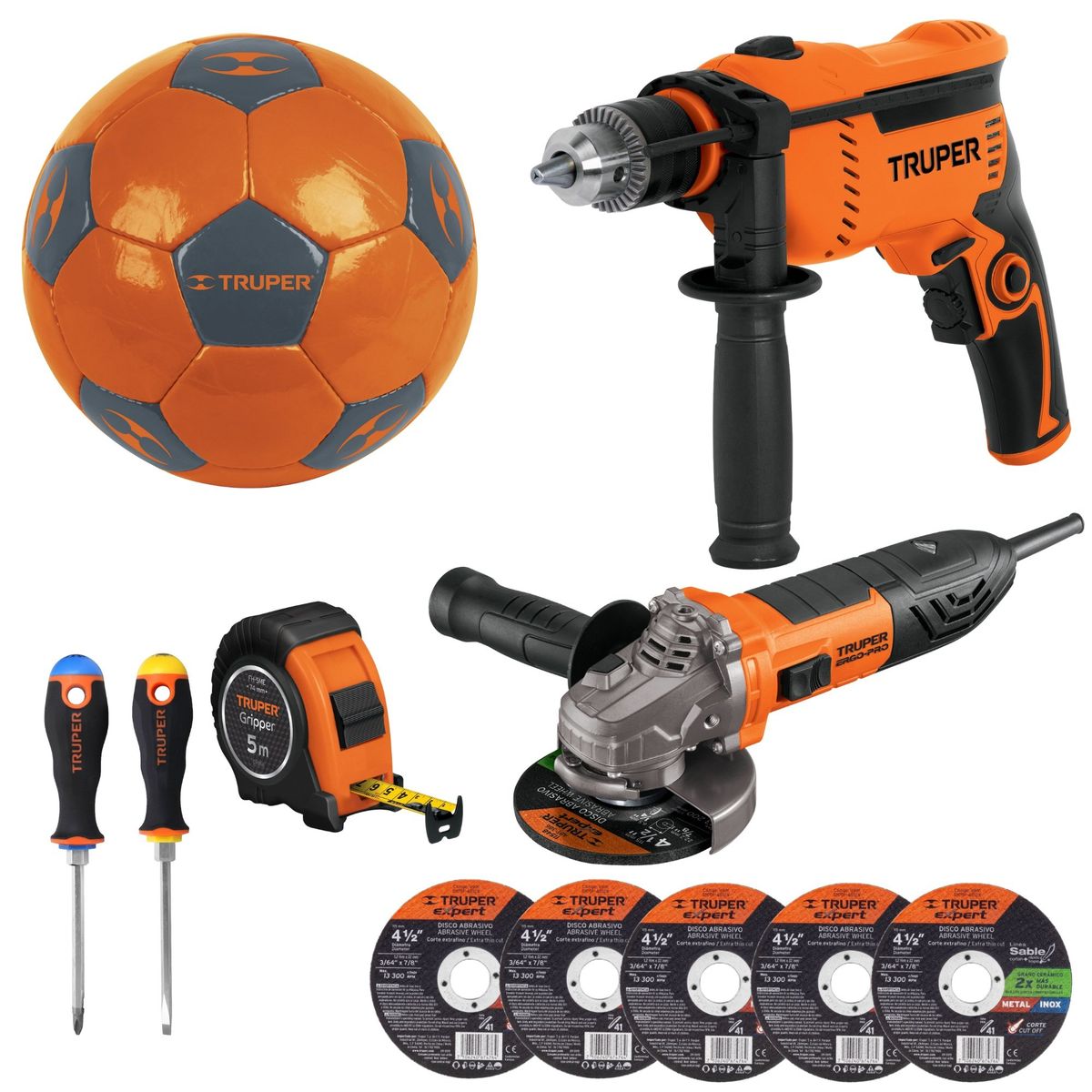 TRUPER - Kit rotomartillo amoladora esmeriladora discos de corte desarmadores