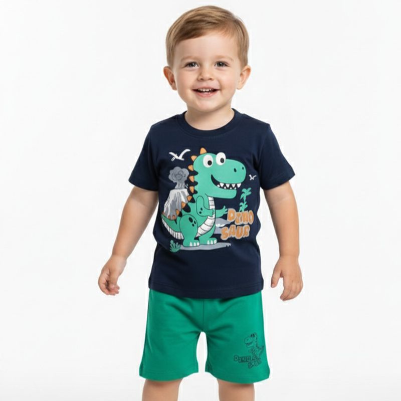 GENERICO - Conjunto Bebé Polo Short Dino Azul Marino de Algodón Pima