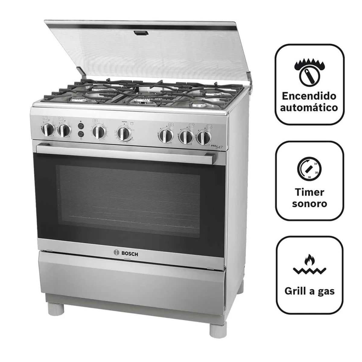 BOSCH - Cocina Bosch PRO547 IX a Gas de Pie 30" 5 Hornillas Acero Inoxidable