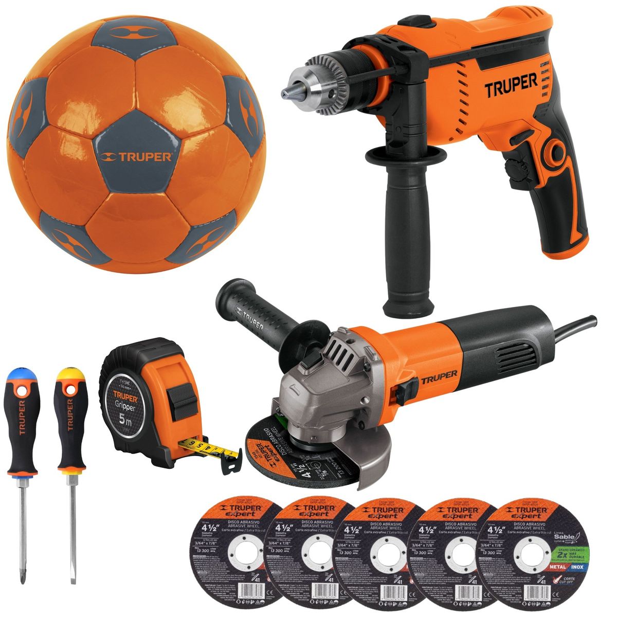 TRUPER - Kit amoladora esmeriladora rotomartillo discos de corte desarmadores