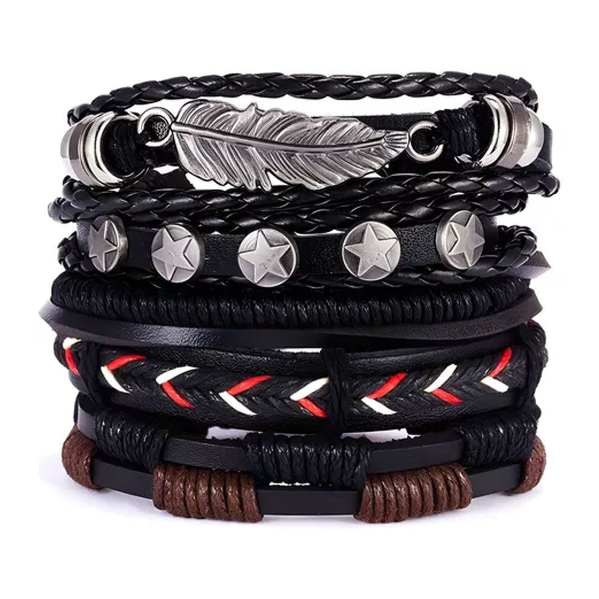 GENERICO - PULSERAS HOMBRE CUERO SET PACK DE 5 REGULABLES MODA