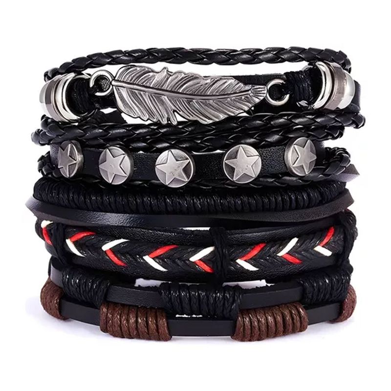 GENERICO - PULSERAS HOMBRE CUERO SET PACK DE 5 REGULABLES MODA