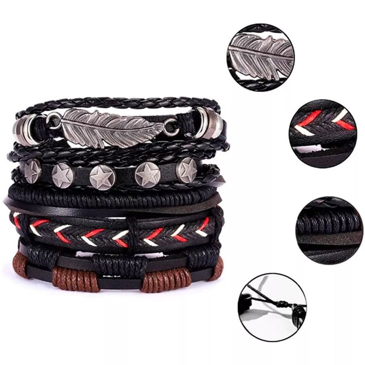 GENERICO - PULSERAS HOMBRE CUERO SET PACK DE 5 REGULABLES MODA