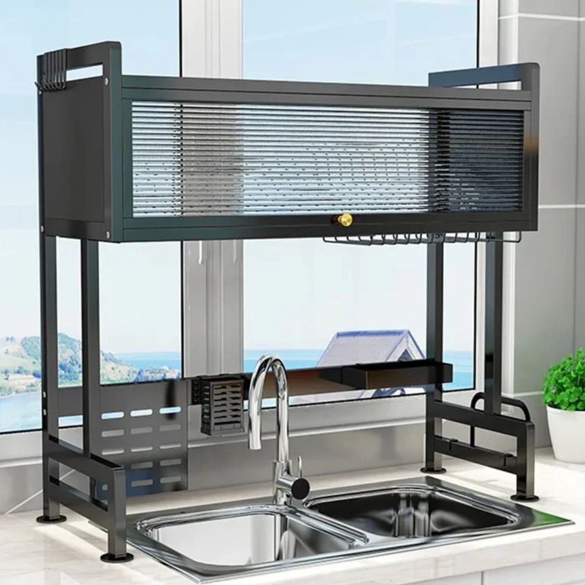 OEM - Escurridor Organizador de platos 2 nivel con tapa 85 cm - Negro