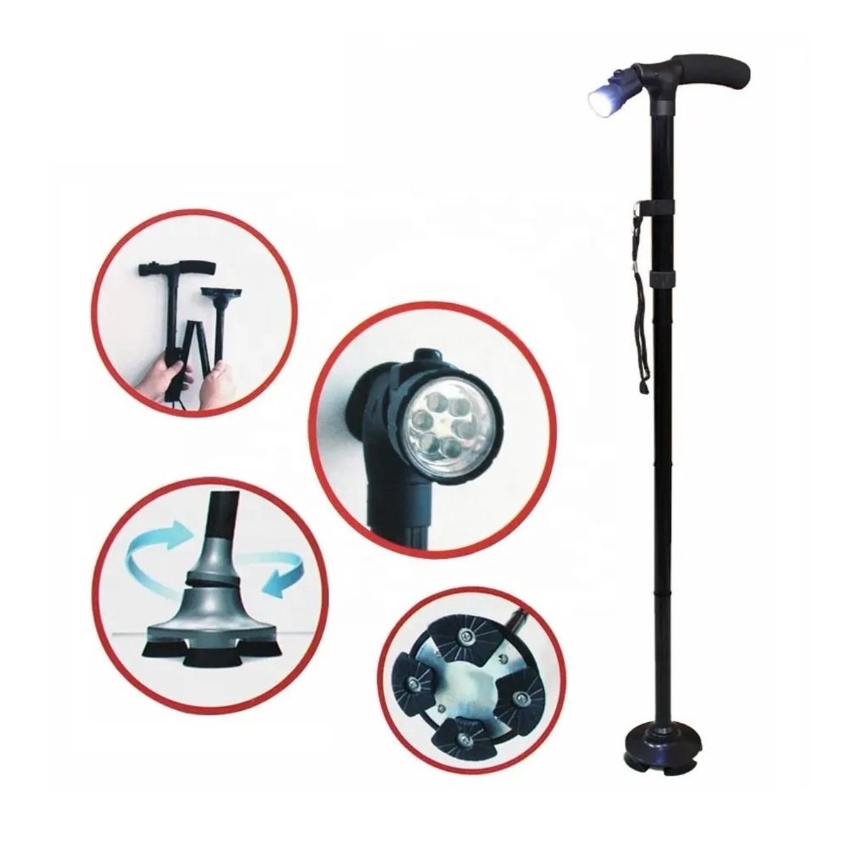 GENERICO - BASTON PLEGABLE RETRACIL + LED + 4 SOPORTES ANTIDESLIZANTES