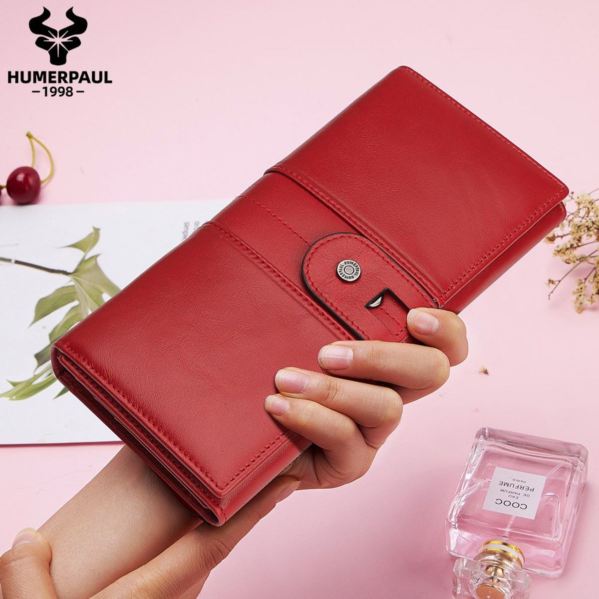 GENERICO - BILLETERA MUJER LARGA - BOTON FRONTAL HUMERPAUL - 1998 CUERO ORIGINAL