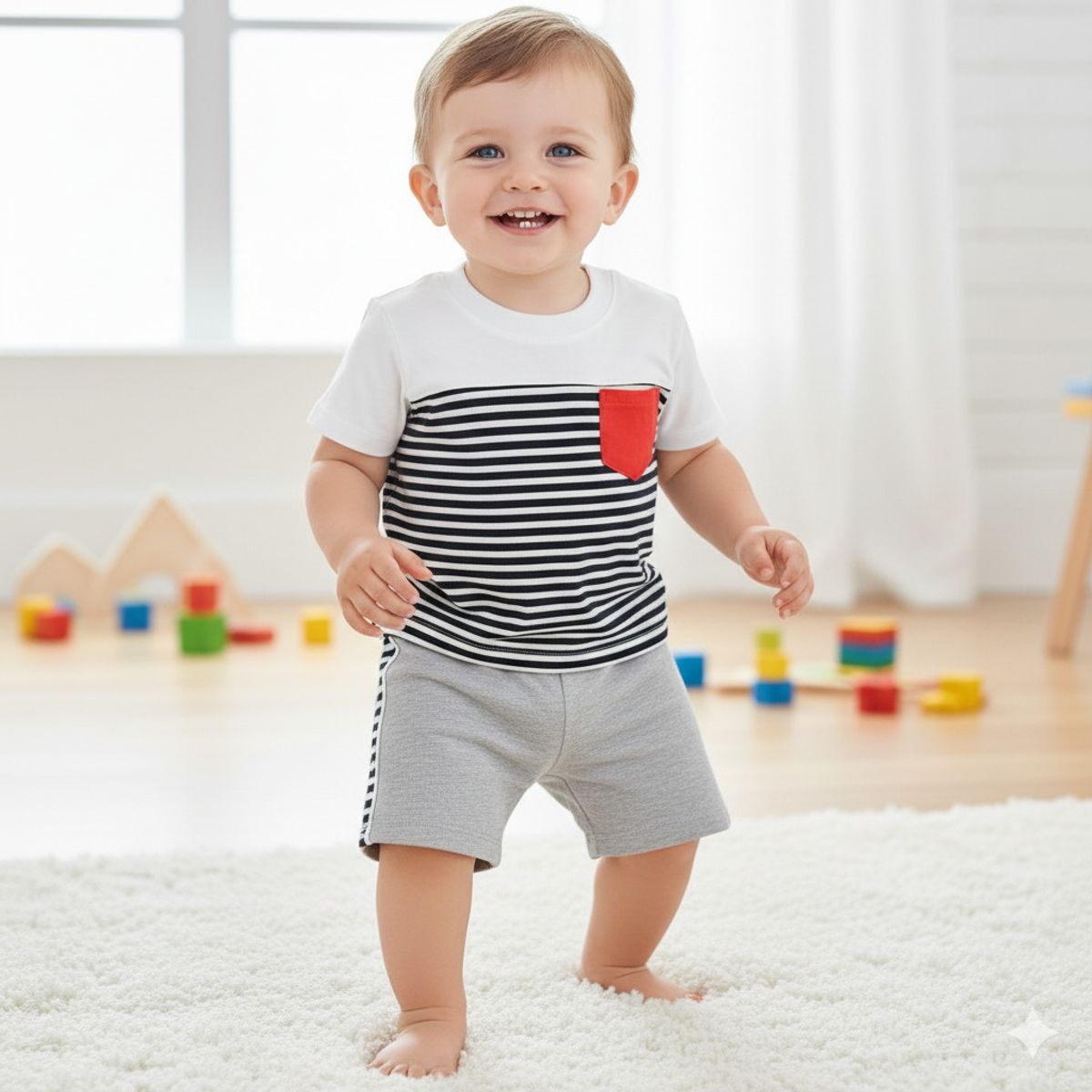 GENERICO - Conjunto Bebé Polo Short a Rayas Con Bolsillo Blanco de Algodón Pima