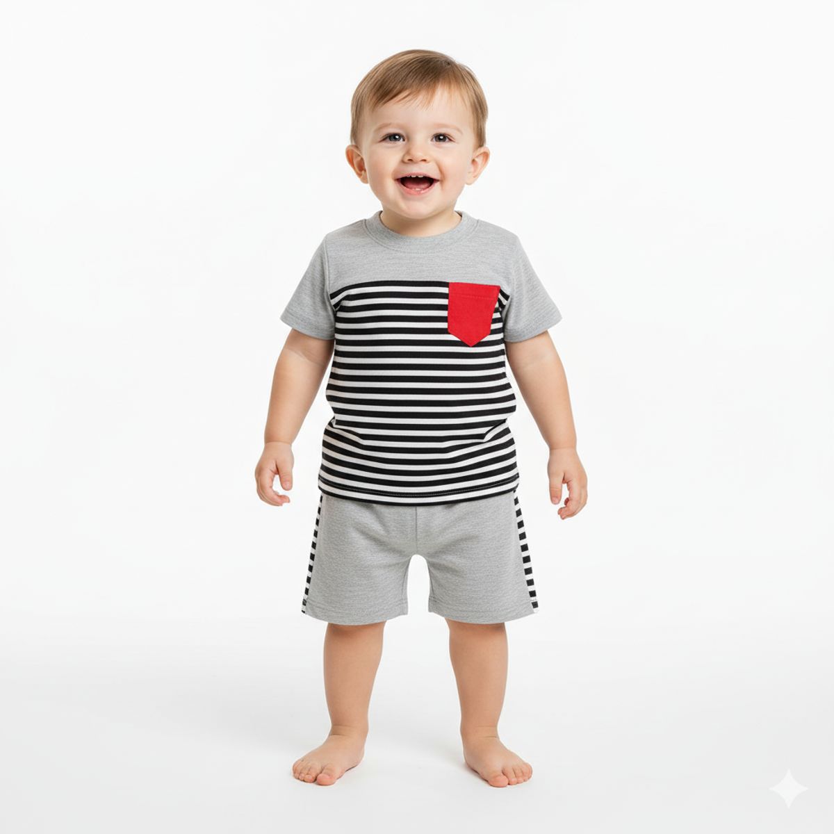 GENERICO - Conjunto Polo Short Bebé a Rayas Con Bolsillo Melange de Algodón Pima