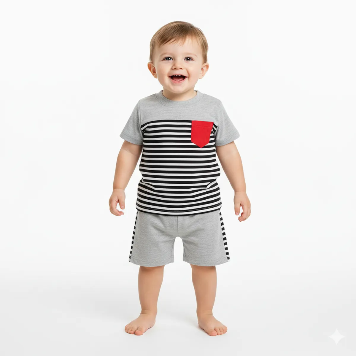 GENERICO - Conjunto Polo Short Bebé a Rayas Con Bolsillo Melange de Algodón Pima