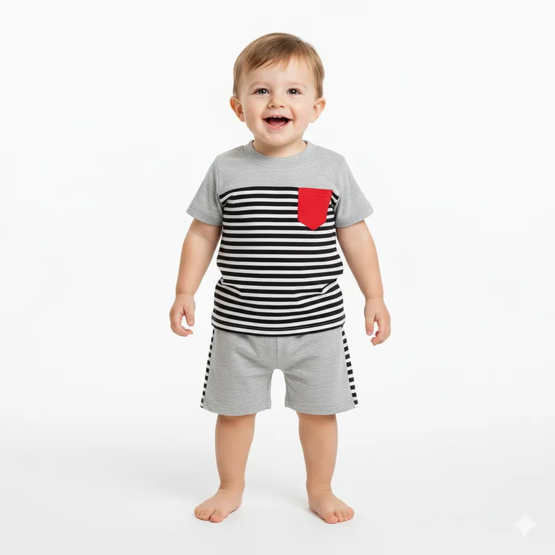 GENERICO - Conjunto Polo Short Bebé a Rayas Con Bolsillo Melange de Algodón Pima