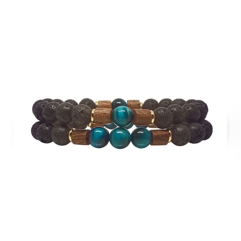 LUCYANA JOYAS Y ACCESORIOS - Set de Pulsera para Hombre con Piedra Volcánica Ojo Tigre Azul Madera