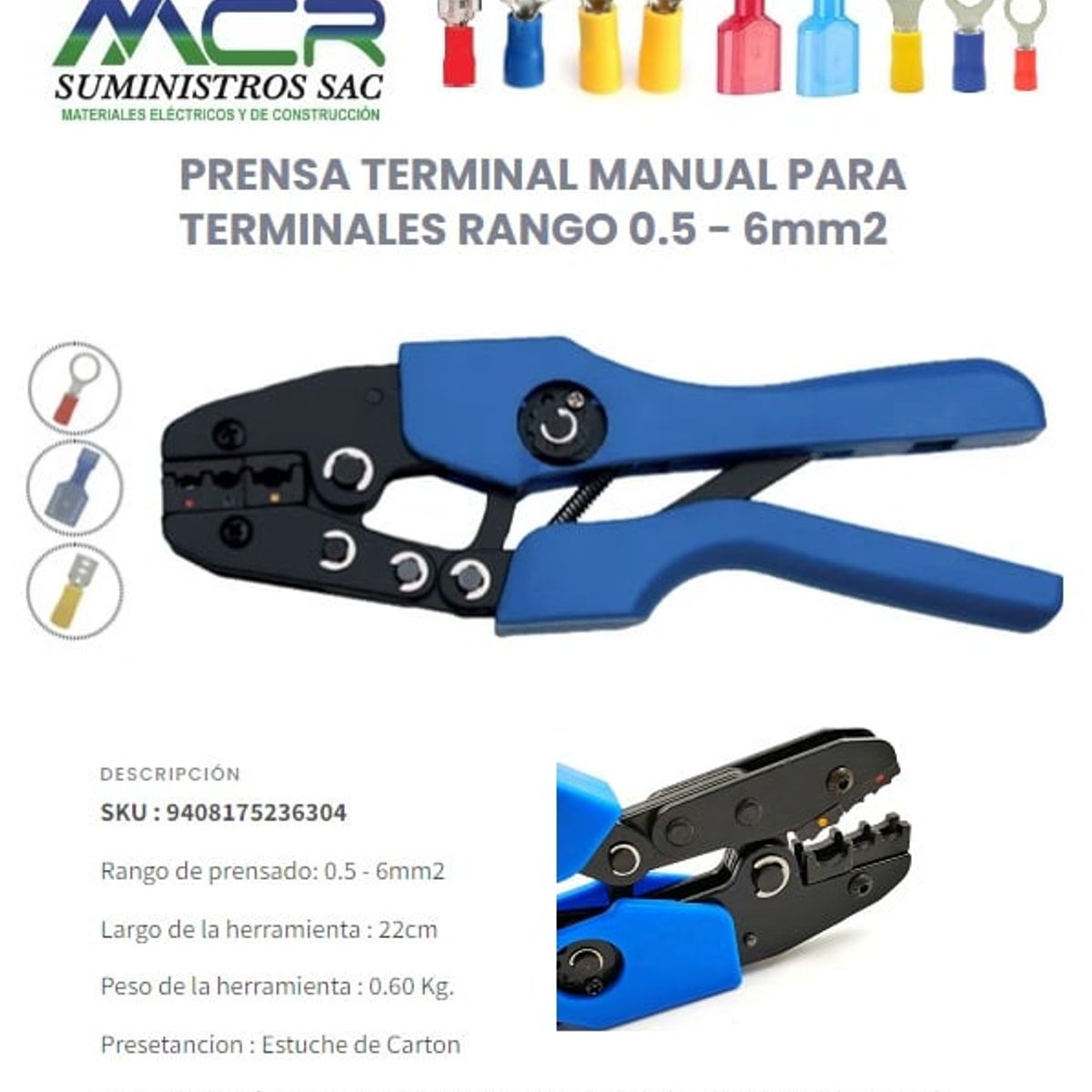 GENERICO - PRENSA TERMINAL MANUAL 0.5 - 6mm2 PARA Ojal, Pin, Tipo Uña, Enchufe