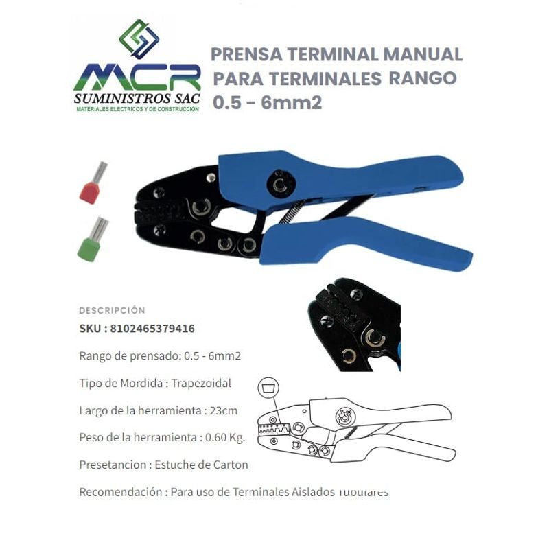 GENERICO - PRENSA TERMINAL MANUAL 0.5 - 6mm2 PARA Ojal, Pin, Tipo Uña, Enchufe